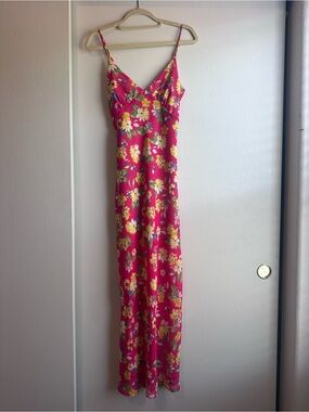 Pink Floral Midi Slip Dress with Spaghetti Straps